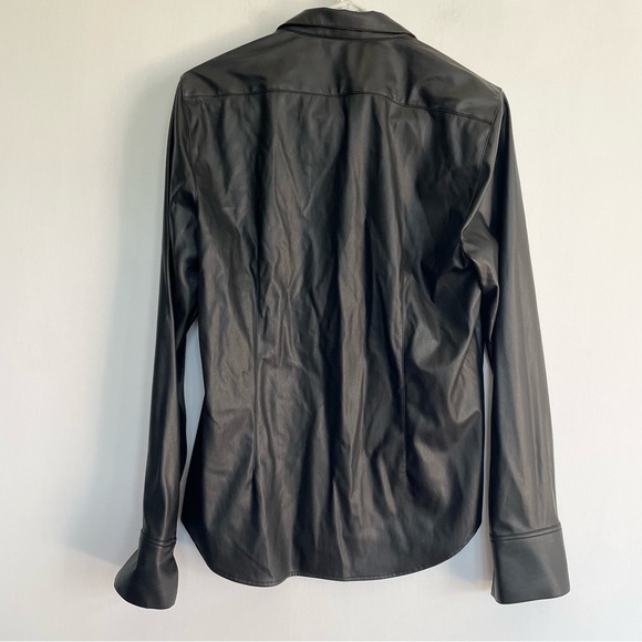 Elaine Kim Black Faux Leather Shirt Snap Button Down Collared Long Sleeve Size L - Picture 2 of 12